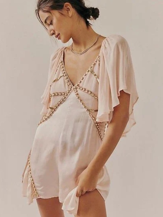 Free People Pants - Free People NWT Jen's Pirate Booty Women Natural Saffron Romper Sz L Embellished